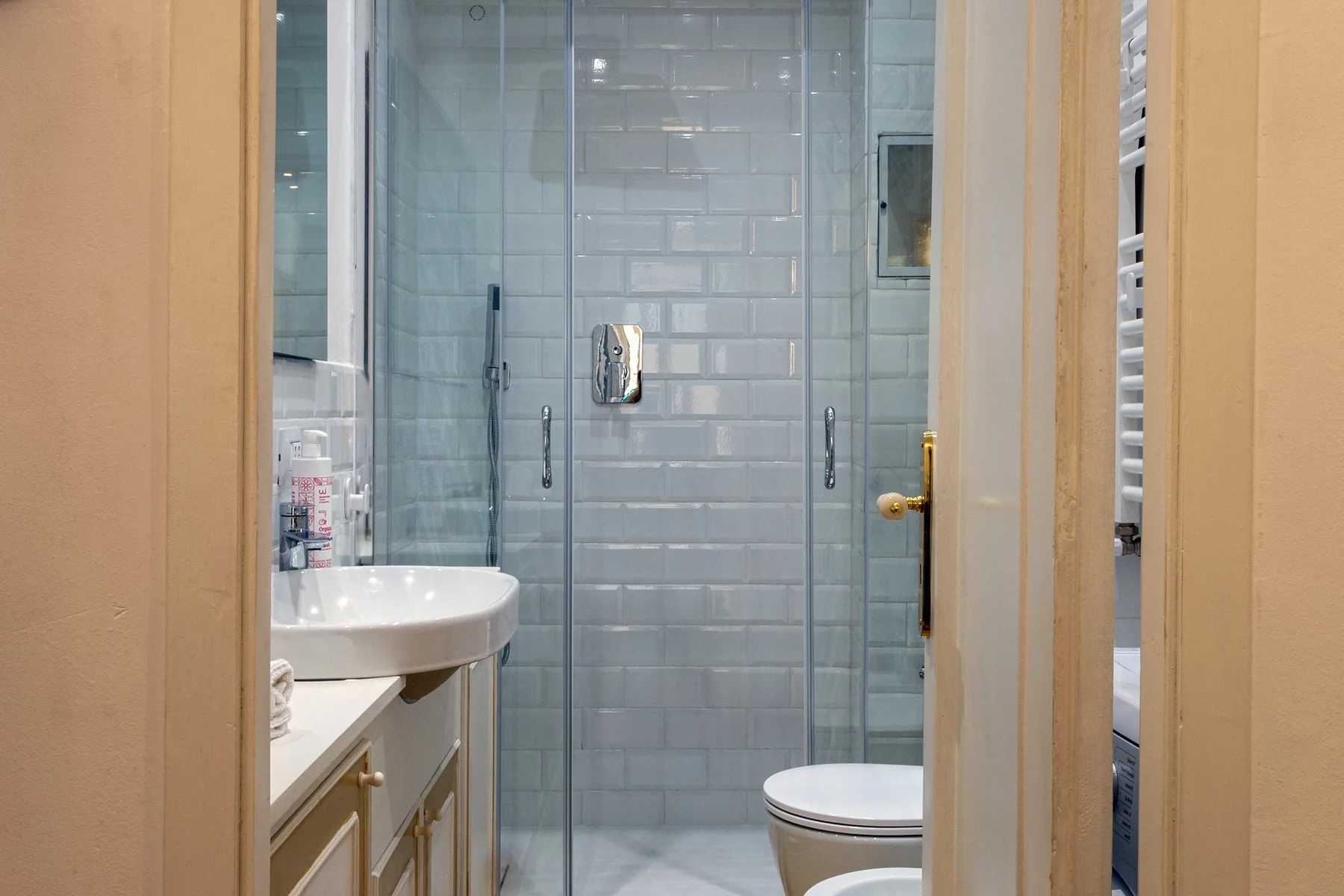 Un baño con una ducha de vidrio y un lavabo.