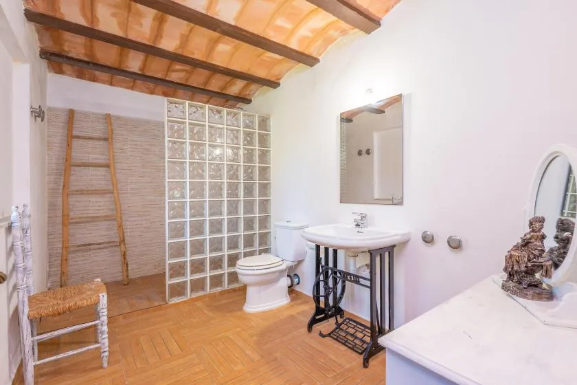 Un baño con lavabo, inodoro y una pared de bloques de vidrio.