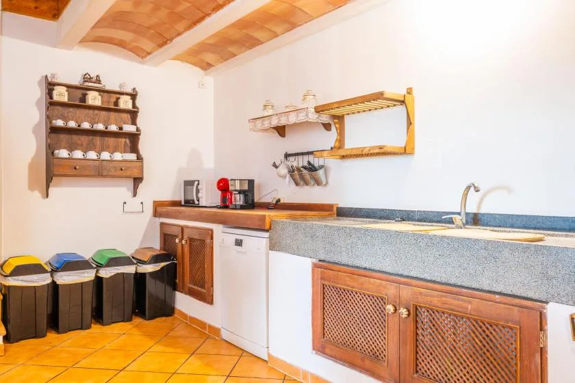 Una cocina con una encimera larga, un fregadero y armarios de madera.