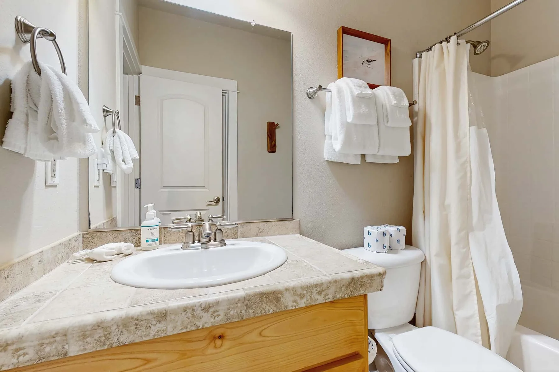 A bathroom with a sink, mirror, toilet, and shower curtain.