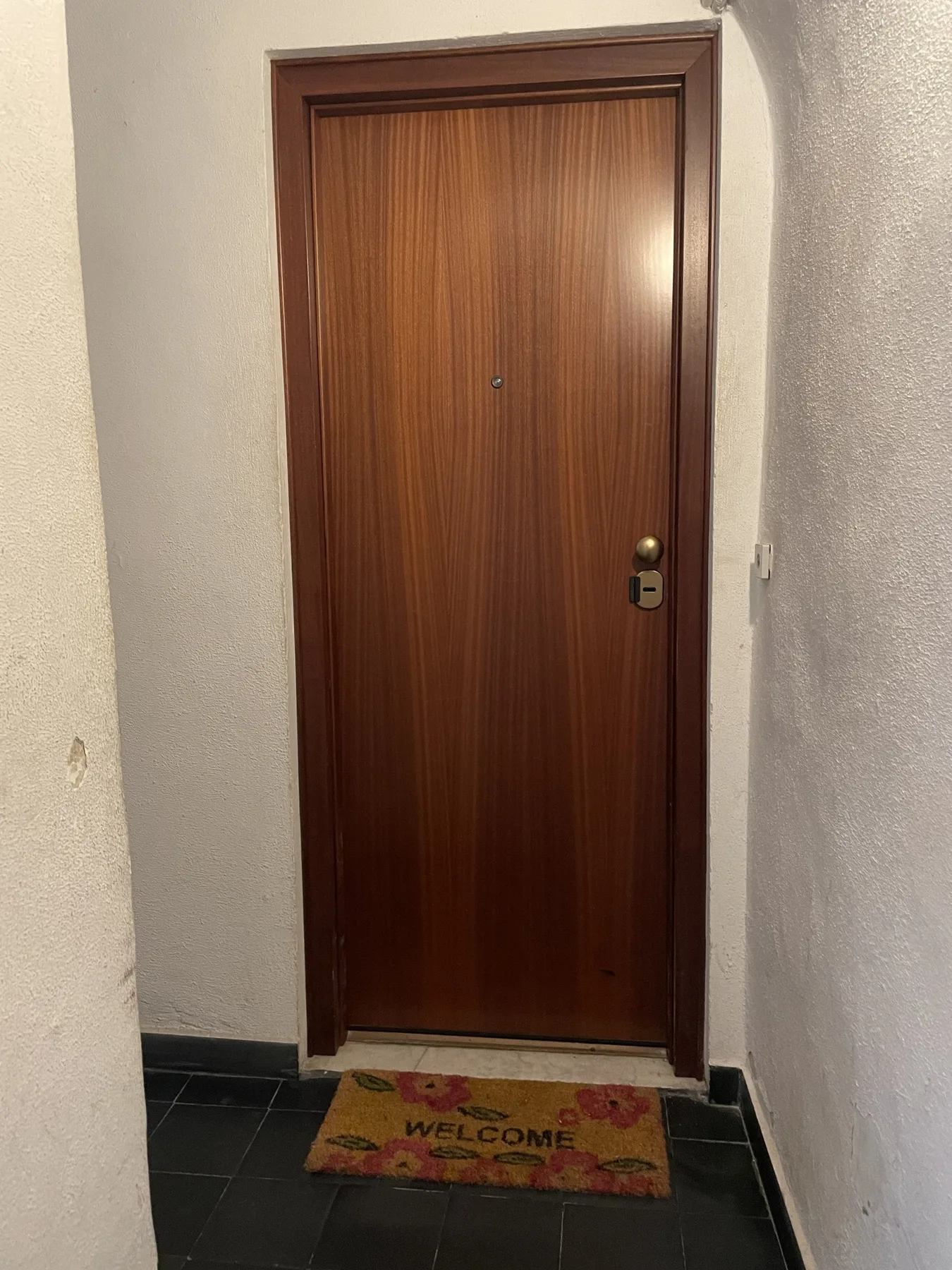 An interior entryway with a wooden door and a welcome mat.