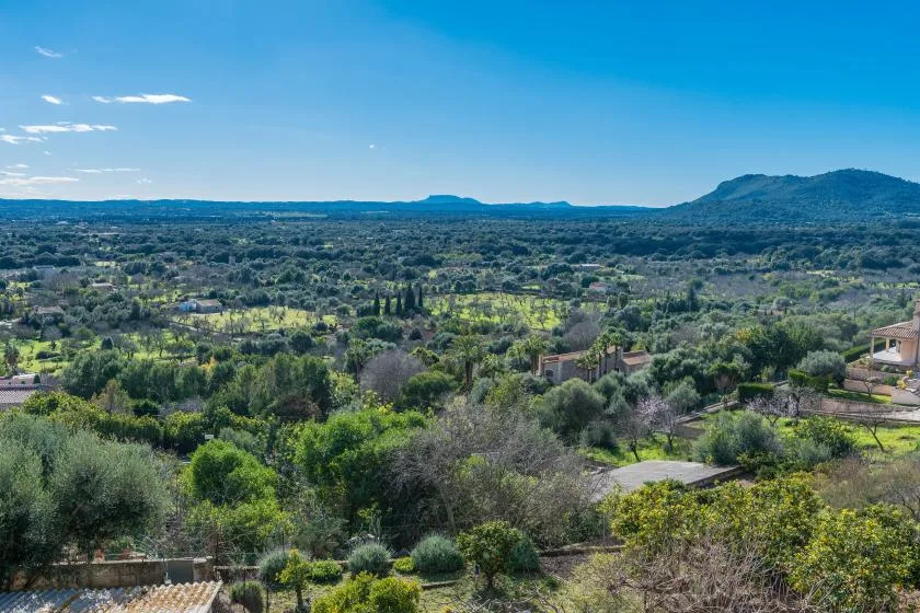 A broad green landscape with scattered buildings and hills beneath a clear sky.