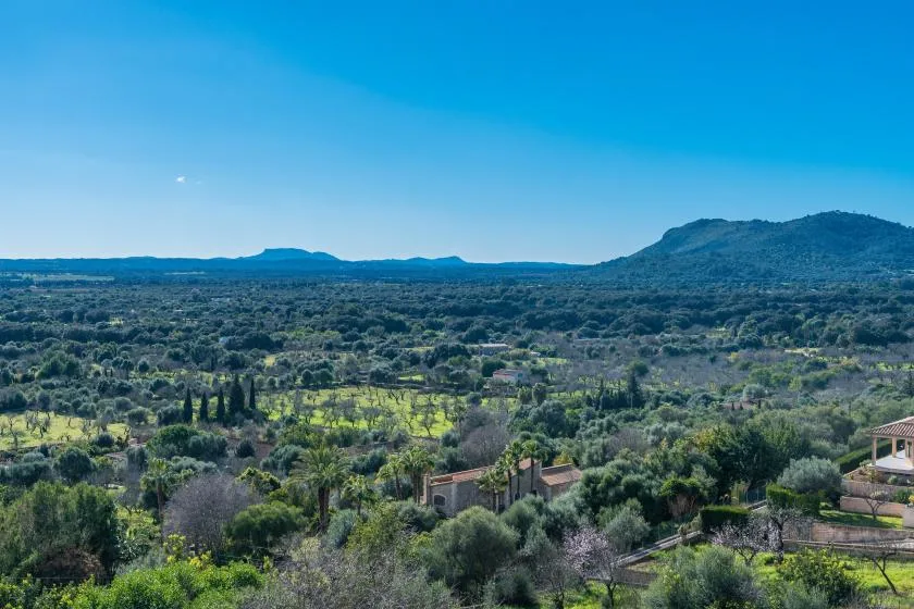 A broad rural landscape stretches toward distant hills beneath a clear blue sky.