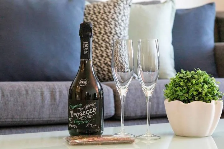 A living room seating area with sparkling wine, glasses, and a potted plant on a table.