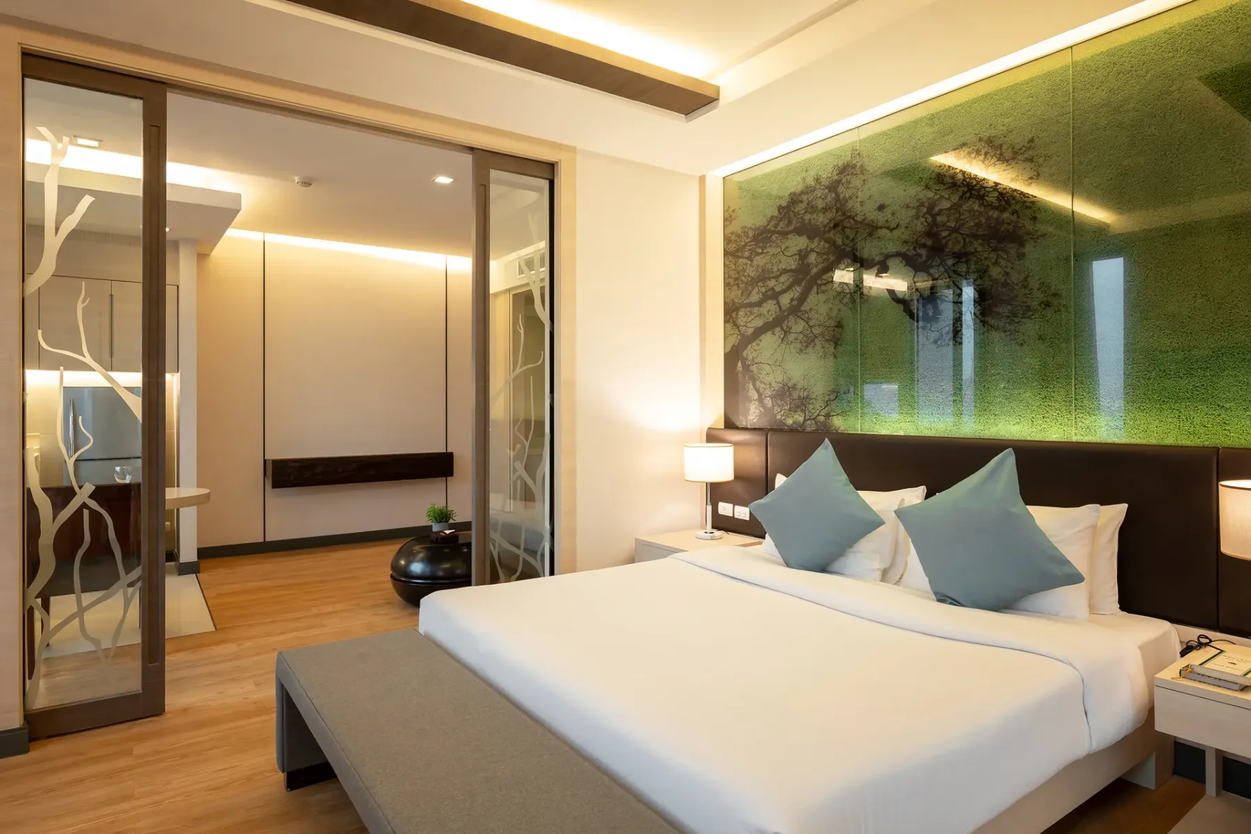 Hotel suite with kitchenette.