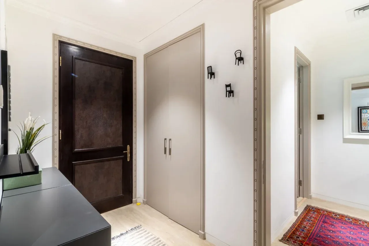 An entryway with a dark door, a light-colored closet, and a patterned rug.