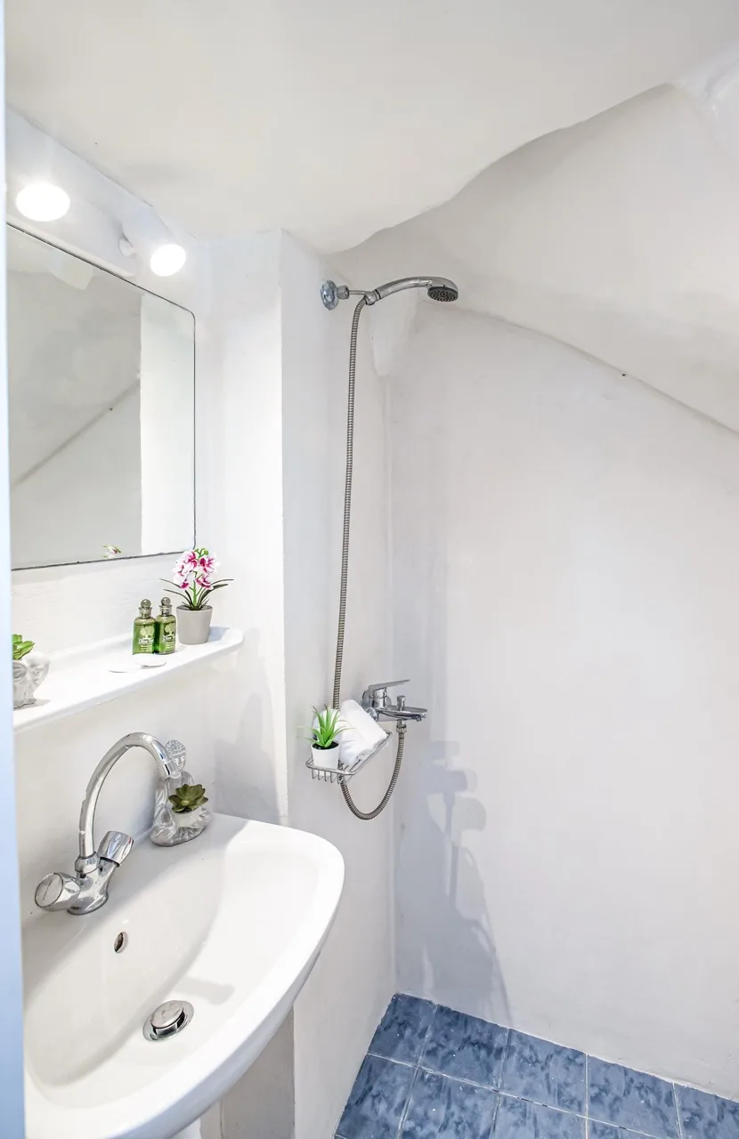 Un baño compacto con lavabo, espejo y ducha.