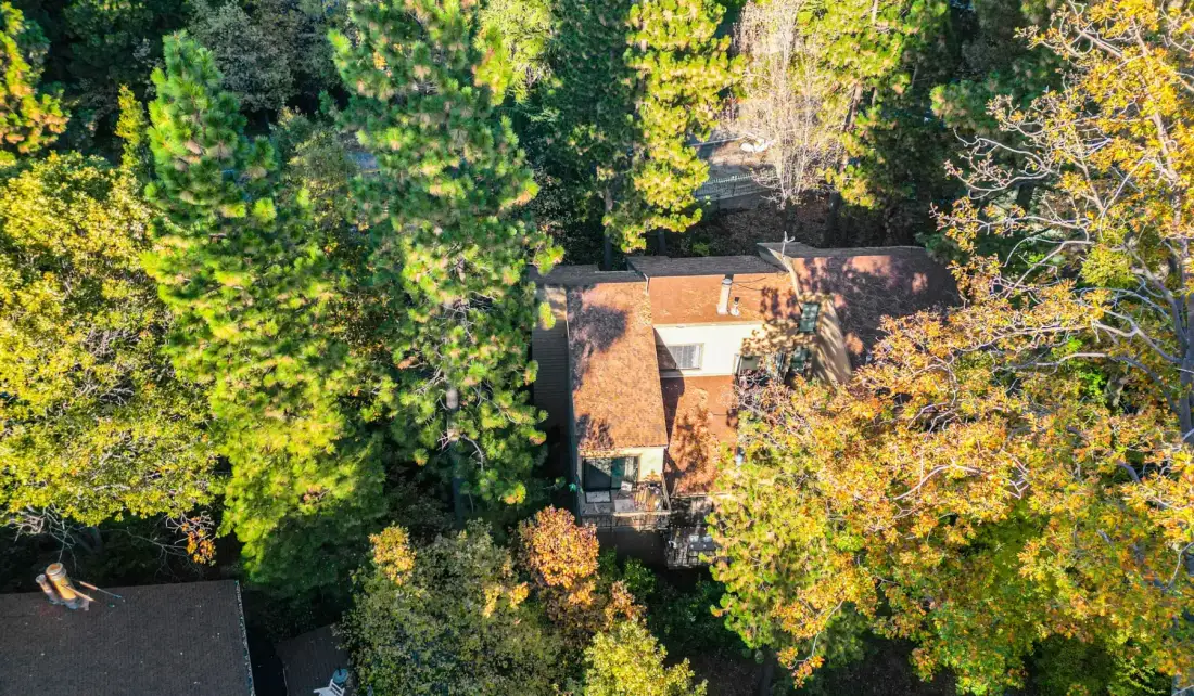 Aerial view of a house with a reddish roof surrounded by trees.