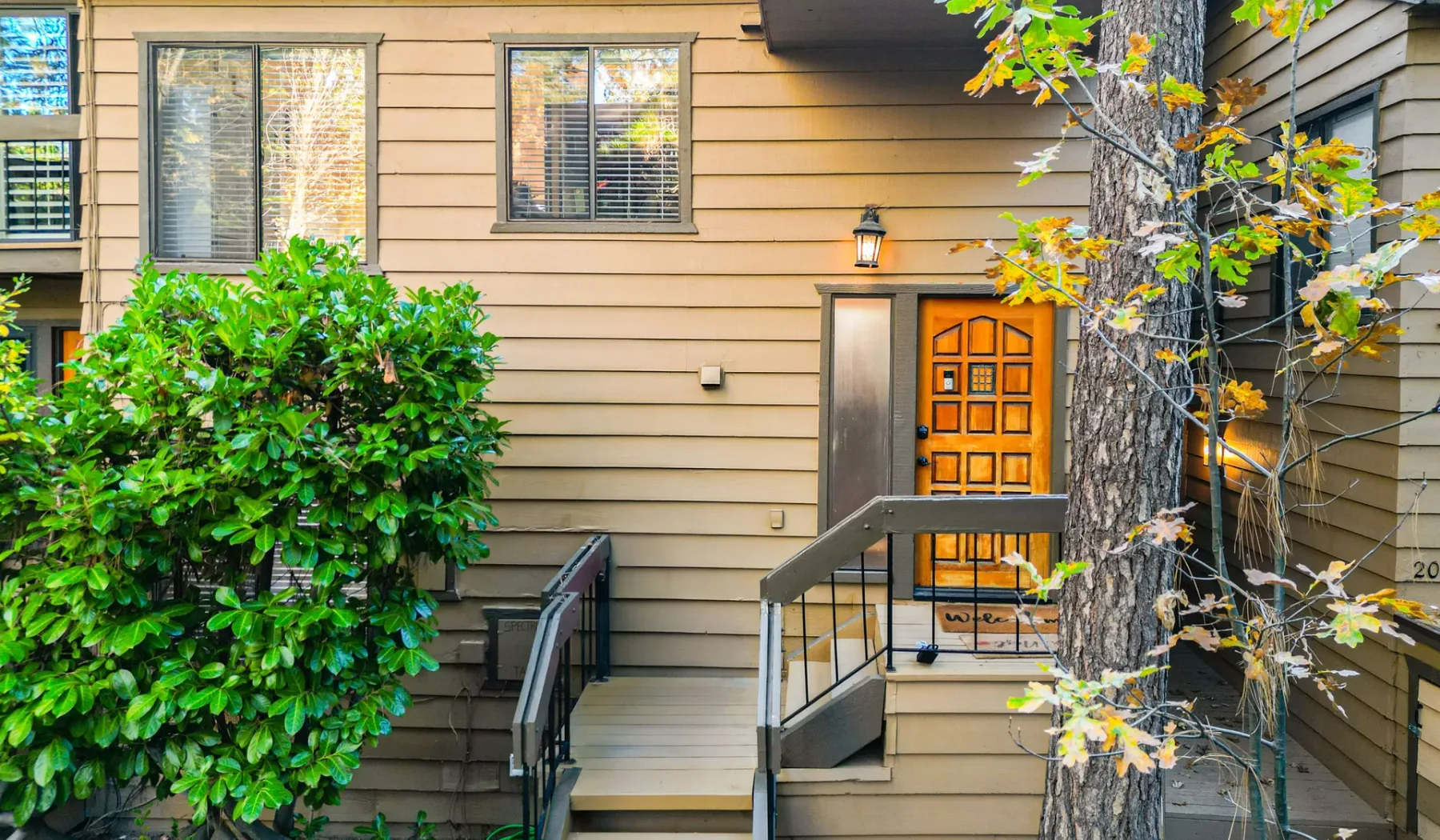 An exterior entrance with a wooden door, steps, and surrounding greenery.