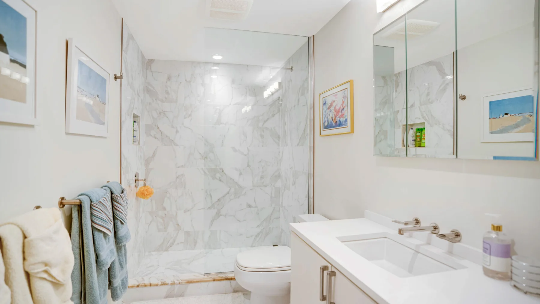 Un baño luminoso con ducha de aspecto marmoleado, inodoro y lavabo.