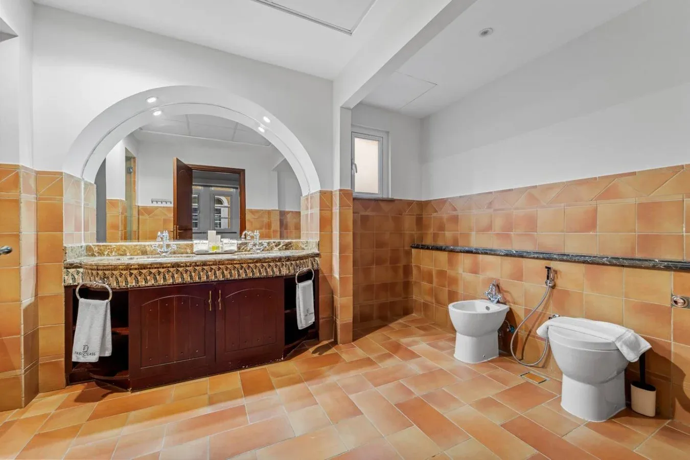 Un baño alicatado con un lavabo amplio y dos inodoros.