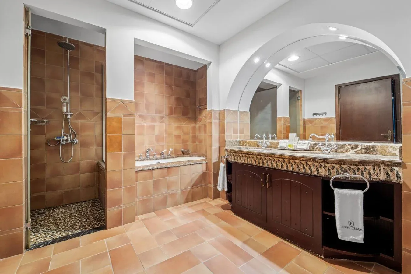 Un baño con azulejos, una ducha y un largo lavabo bajo un amplio espejo.