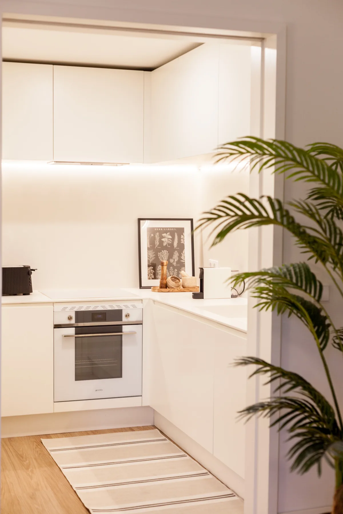 Una cocina blanca y luminosa con horno empotrado y una palmera en maceta.