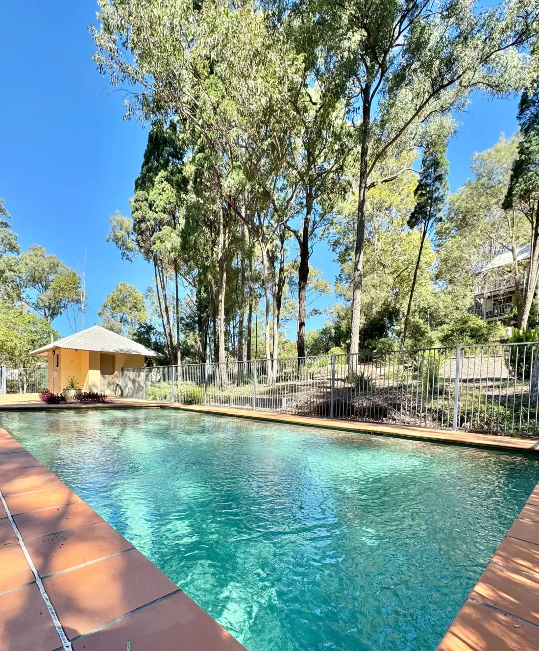 Una piscina al aire libre está junto a una zona arbolada con una cerca.