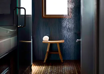Walk-in shower with a rain shower head.