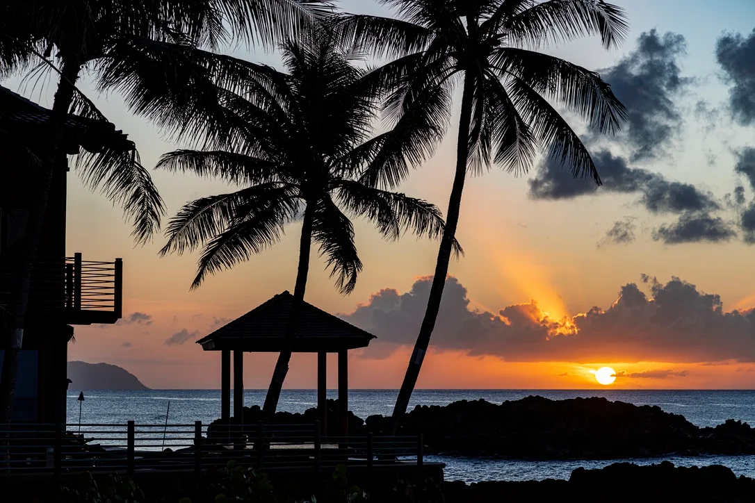 Una playa tropical al atardecer, con palmeras y un pequeño pabellón cubierto silueteados contra el cielo.
