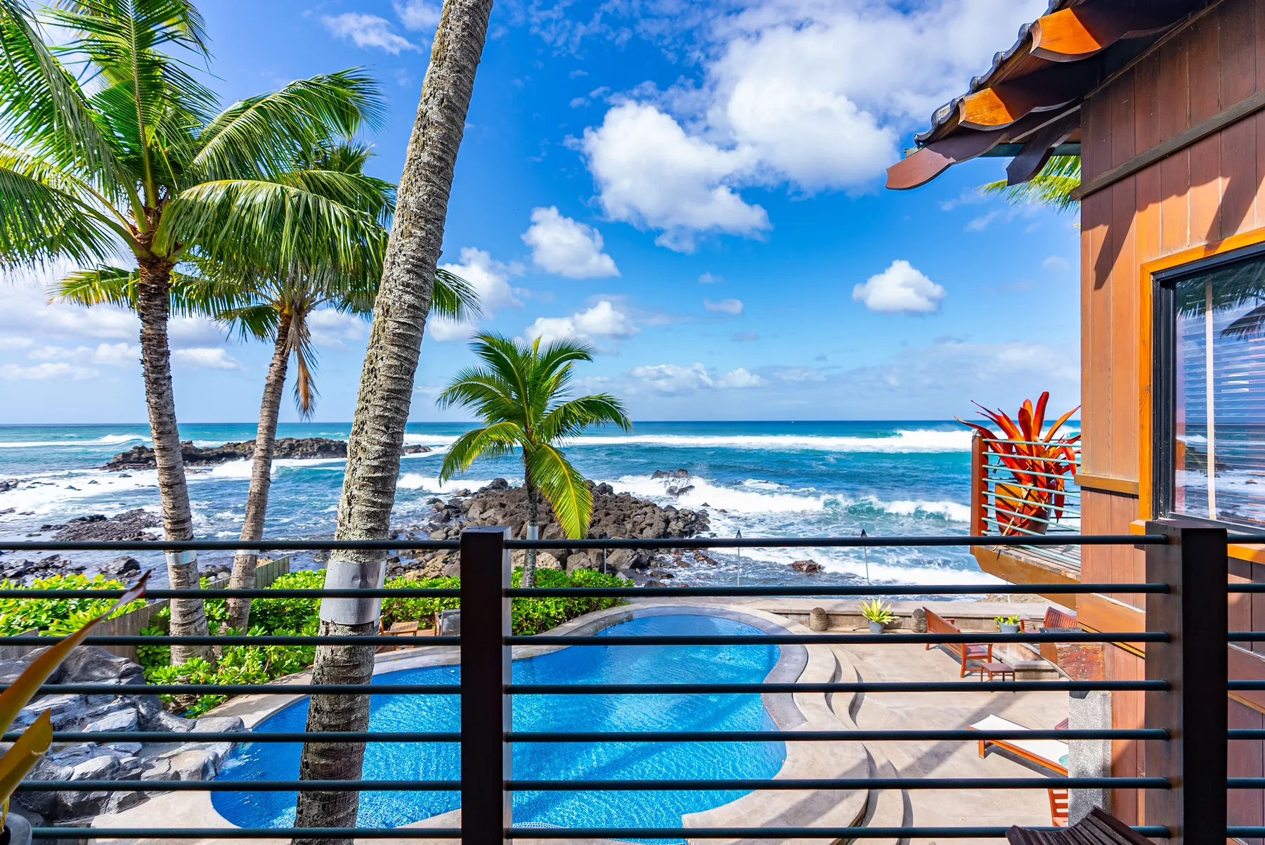 Una piscina y un patio junto al mar dan a la costa bordeada de palmeras.