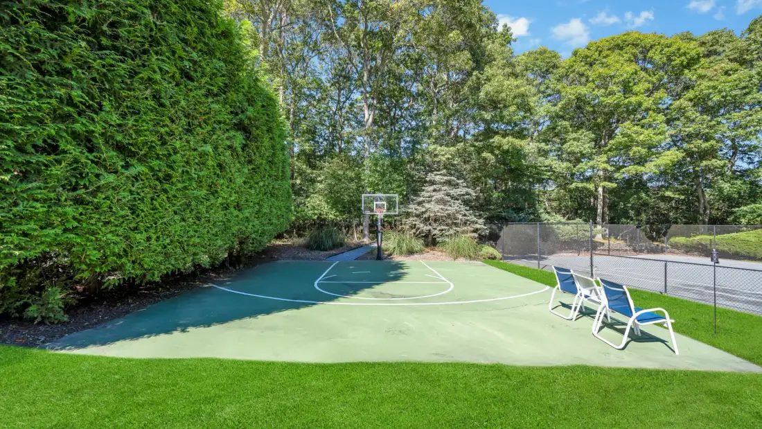 An outdoor basketball court with a hoop, surrounded by trees and greenery.