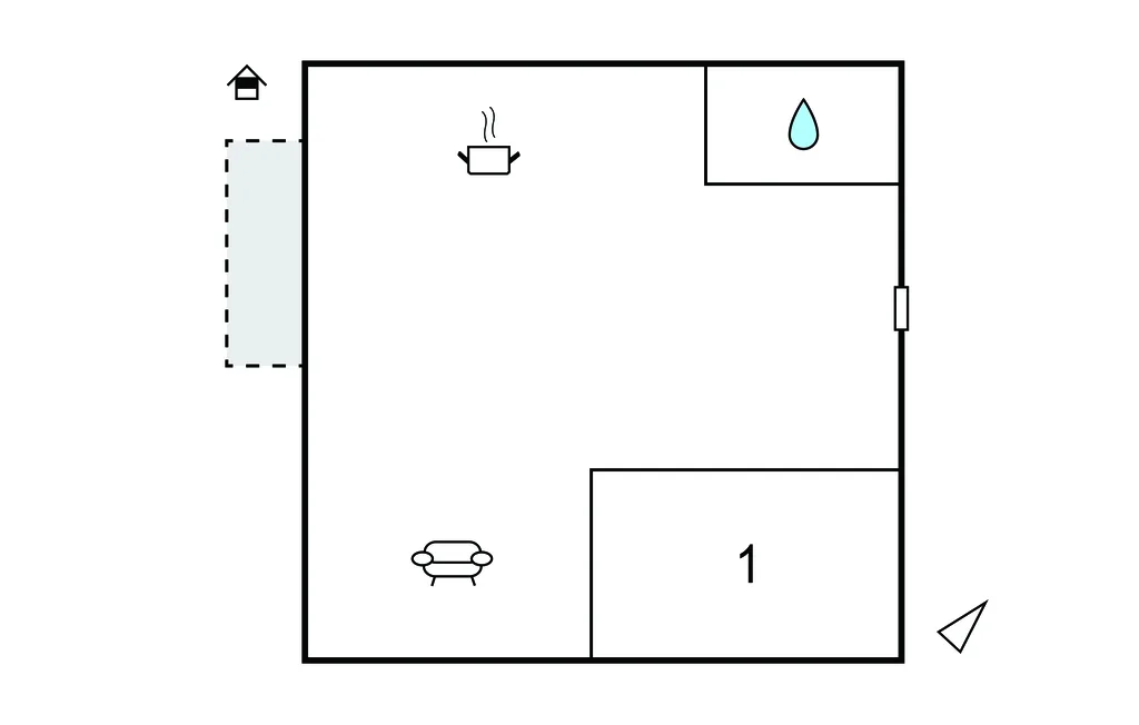 Plano de planta con una zona de estar, un símbolo de asiento y una habitación marcada.