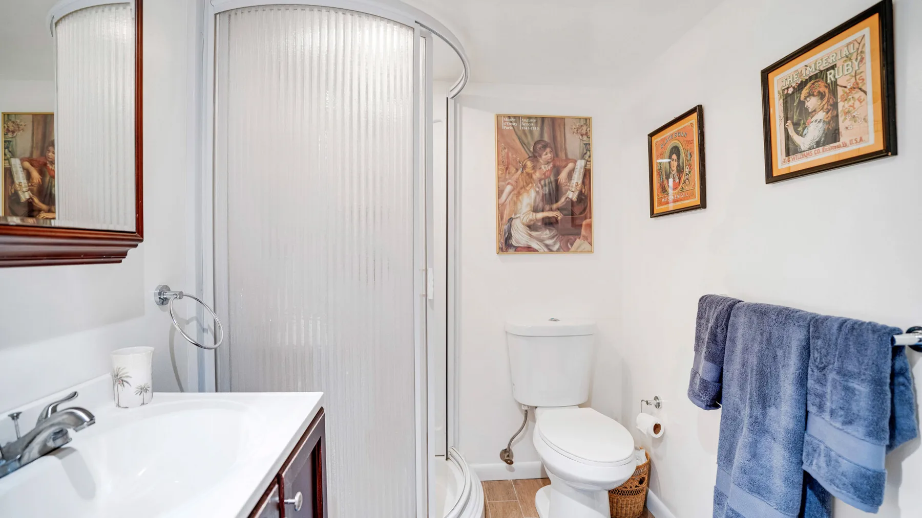 Un baño con lavabo, inodoro y una ducha curva.