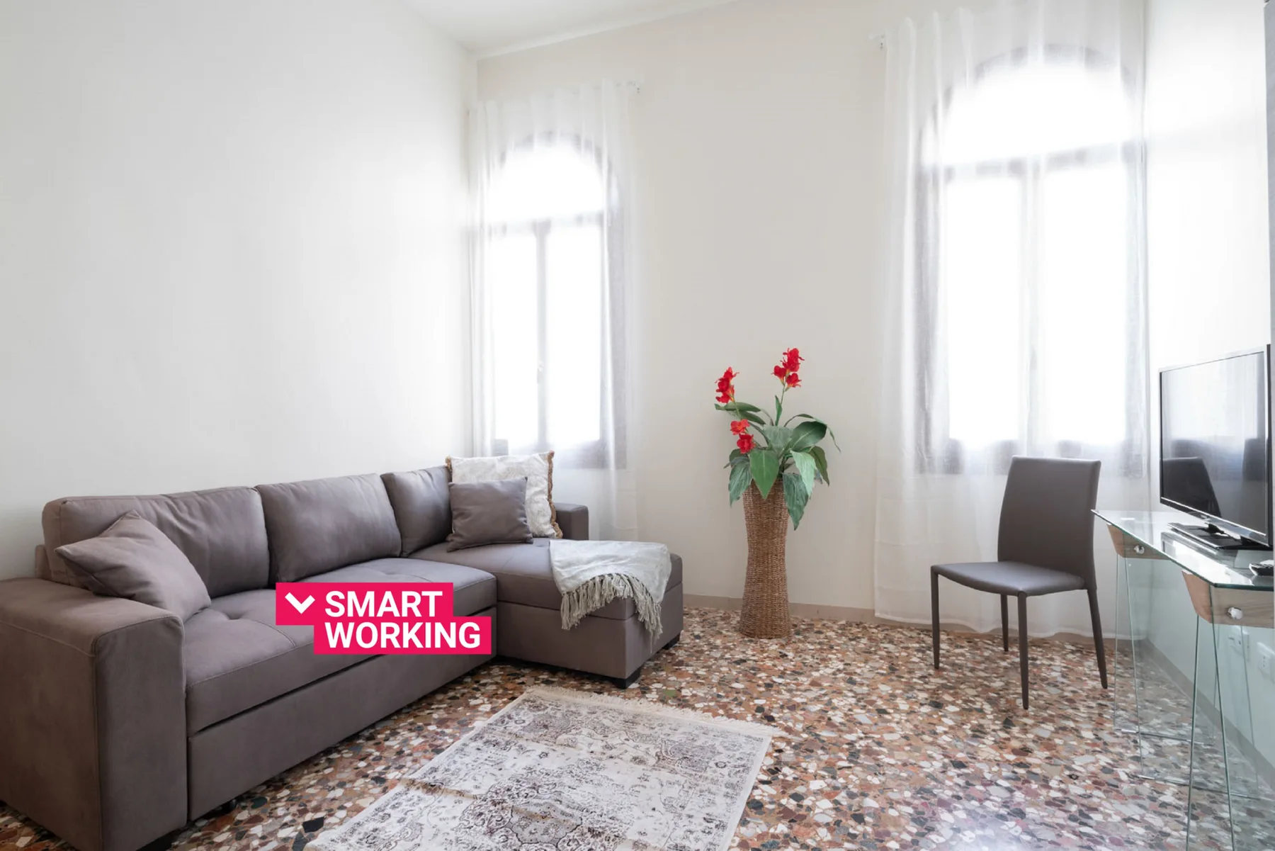 A bright living room with a sectional sofa, a television, and a potted plant.