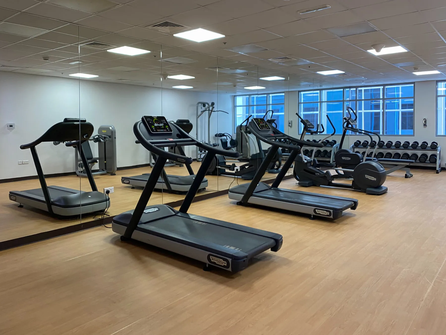 Un gimnasio con cintas de correr, máquinas de ejercicio y pesas junto a las ventanas.