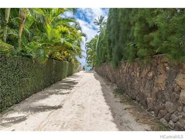 Un sendero de arena pasa entre un seto frondoso y un muro de piedra.