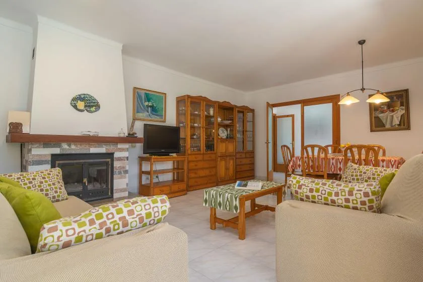 Living room with a fireplace, wooden cabinets, and patterned seating.