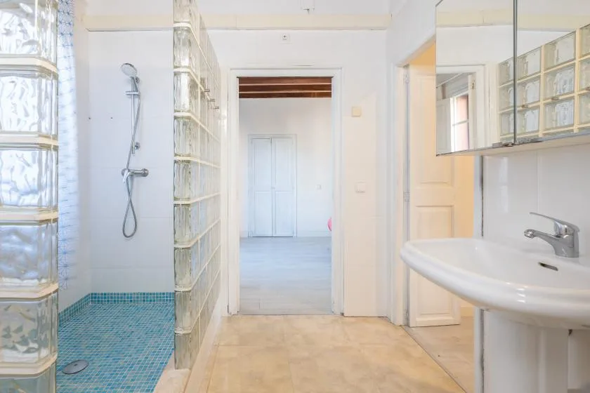 A bright bathroom with a shower area, glass-block walls, and a pedestal sink.