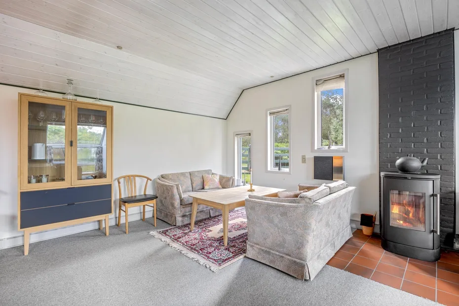 A living room with seating around a coffee table beside a freestanding stove.