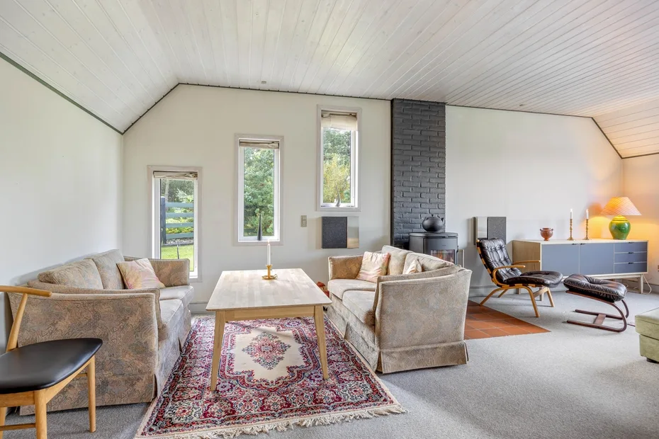A bright living room with seating arranged around a coffee table and patterned rug.