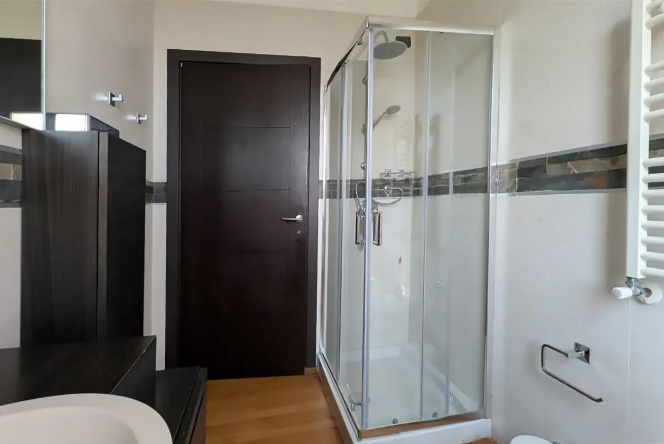 Un baño con una ducha de vidrio y una puerta de madera oscura.