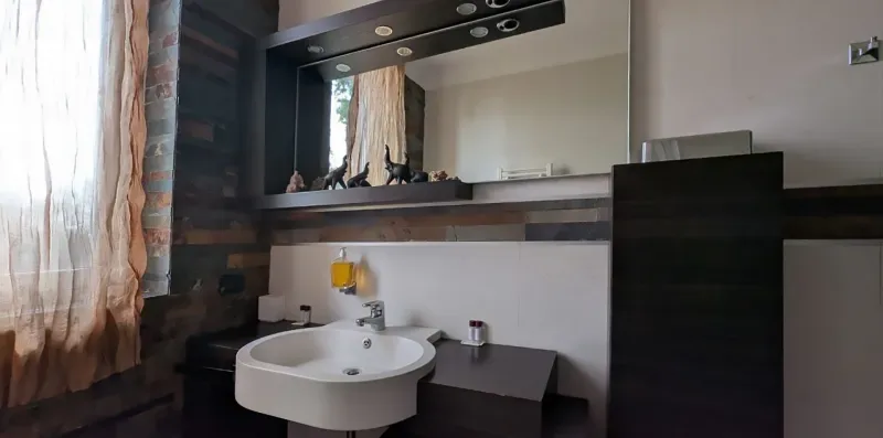 Un tocador de baño con un lavabo blanco y un espejo grande.