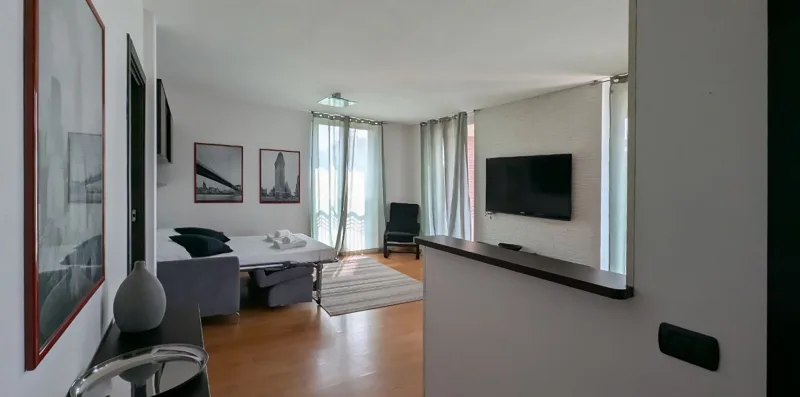 A living room with seating, a television, and curtains beside a bright window.