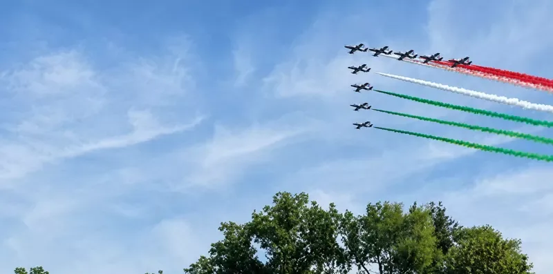 Una formación de aviones deja estelas de colores en el cielo azul sobre las copas de los árboles.