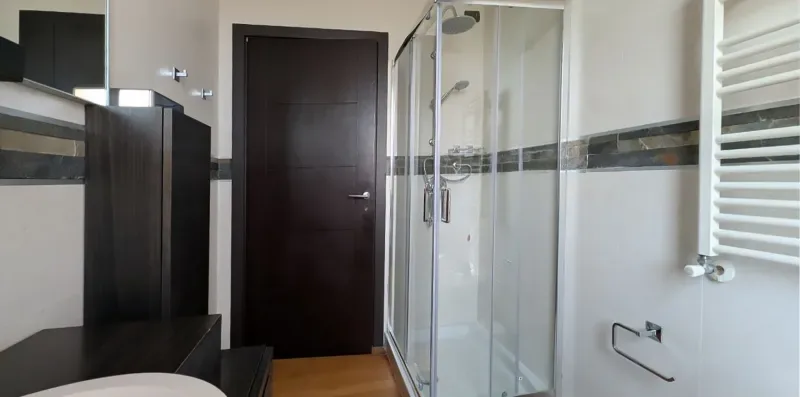 Un baño con una ducha de vidrio y una puerta oscura.