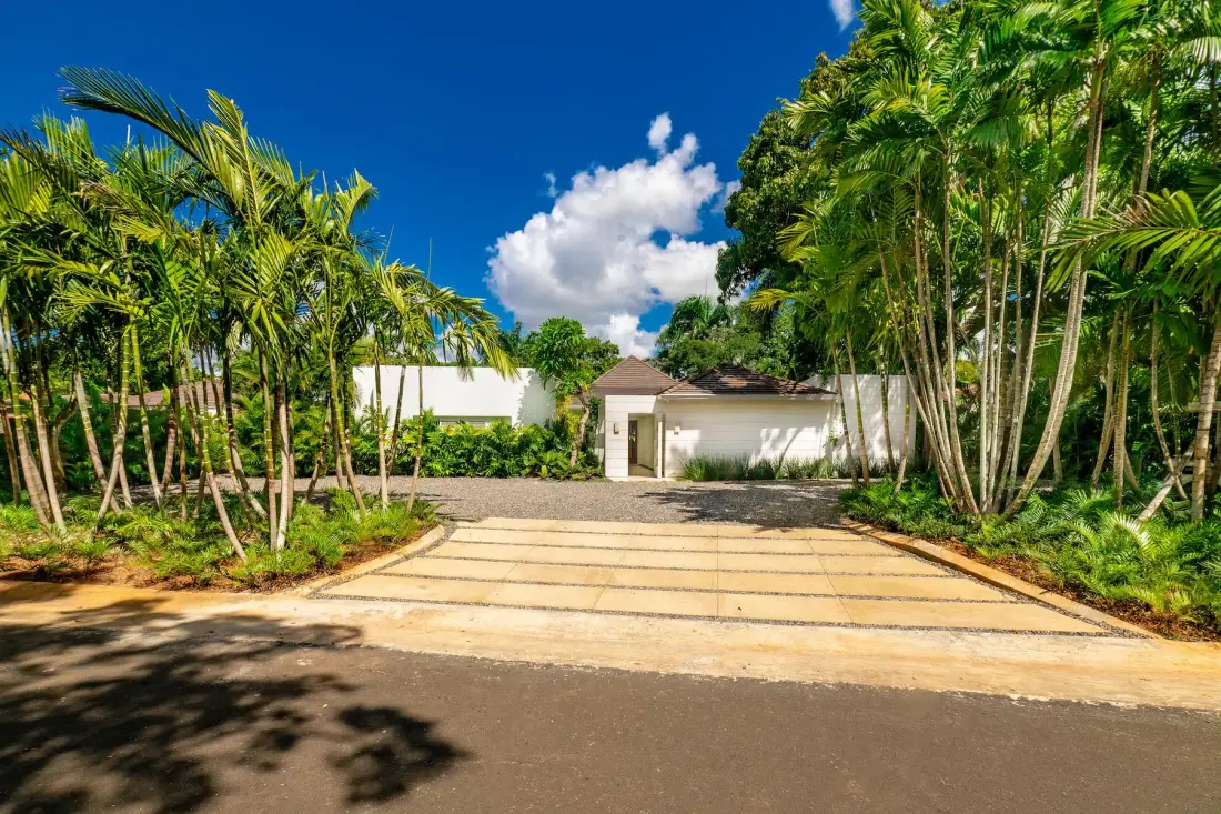 A paved driveway leads to a low building, framed by palm trees and greenery.