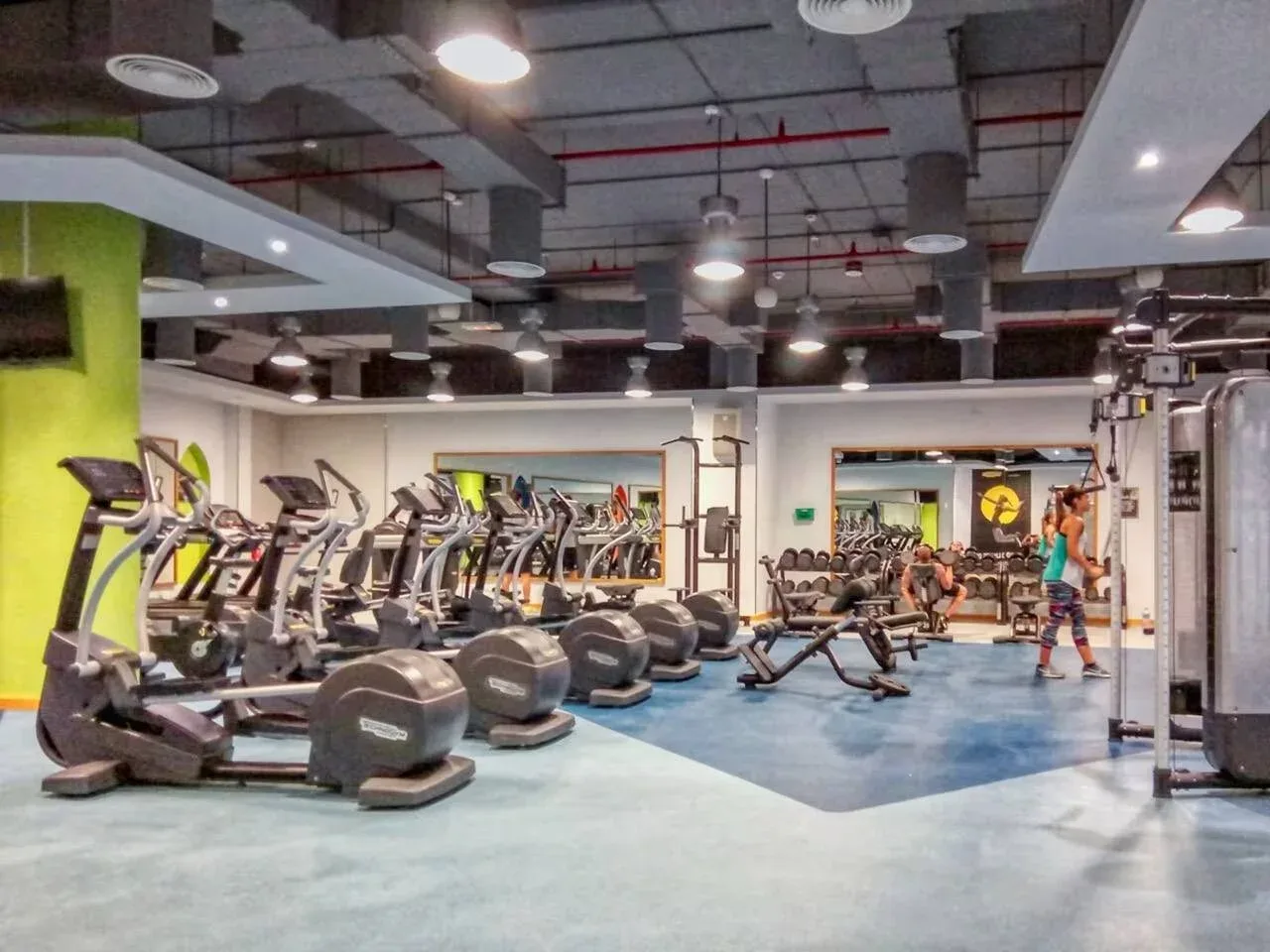 Un gimnasio con máquinas de cardio y equipo de entrenamiento con pesas.