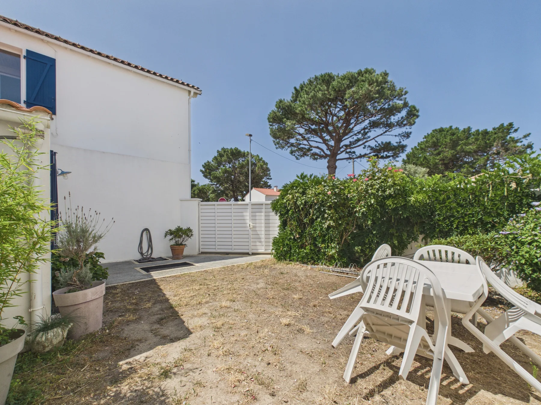A sunny outdoor patio with white seating beside a hedge and house.