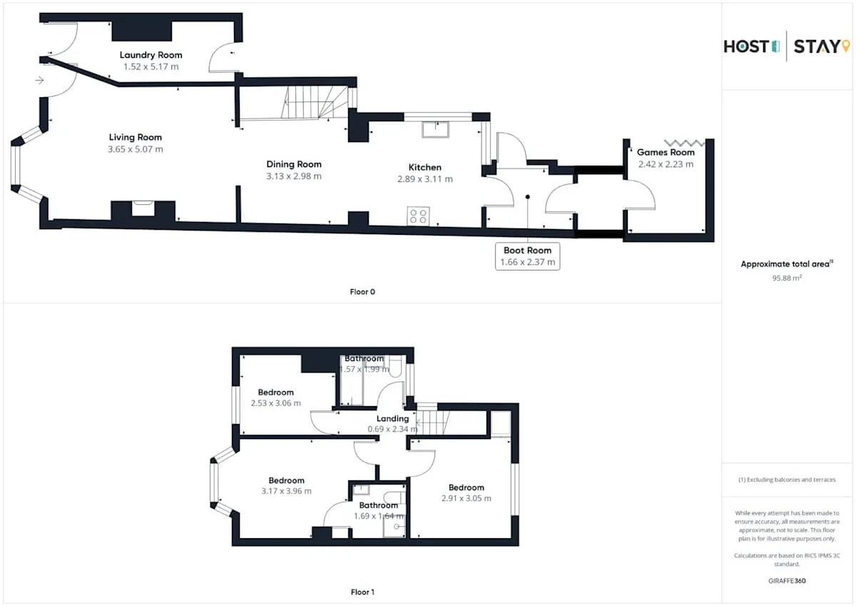 Un plano de dos niveles muestra espacios etiquetados como sala, comedor, cocina, dormitorios y sala de juegos.