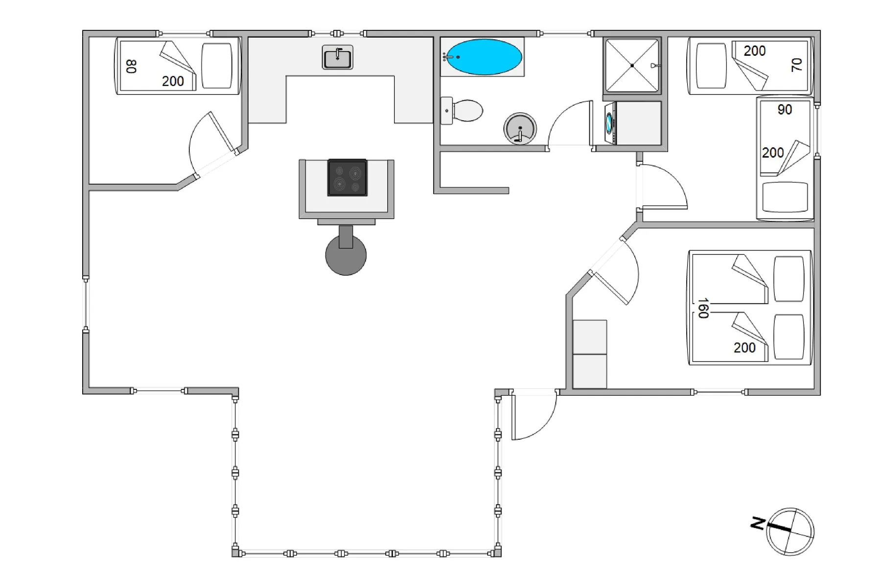Un plano muestra una sala central, un baño y dormitorios.