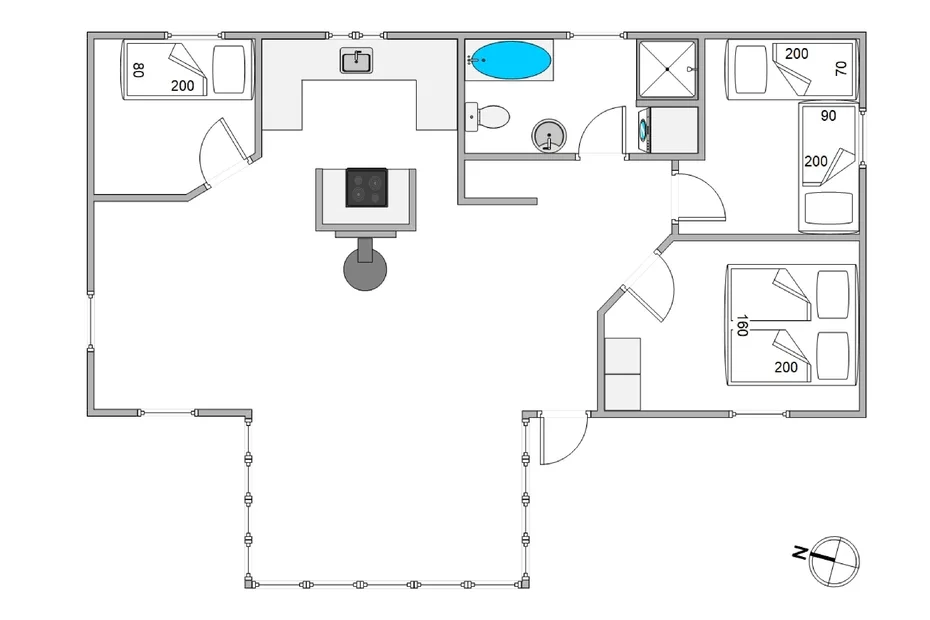 Un plano muestra una zona central, cocina, baño y habitaciones alrededor.