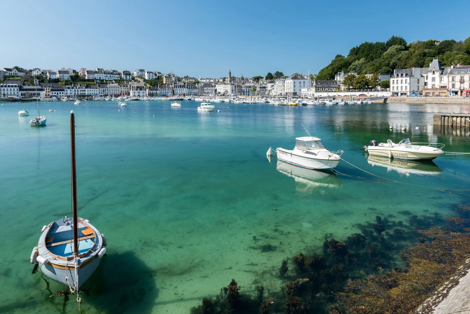 Harbor with small boats and coastal houses.