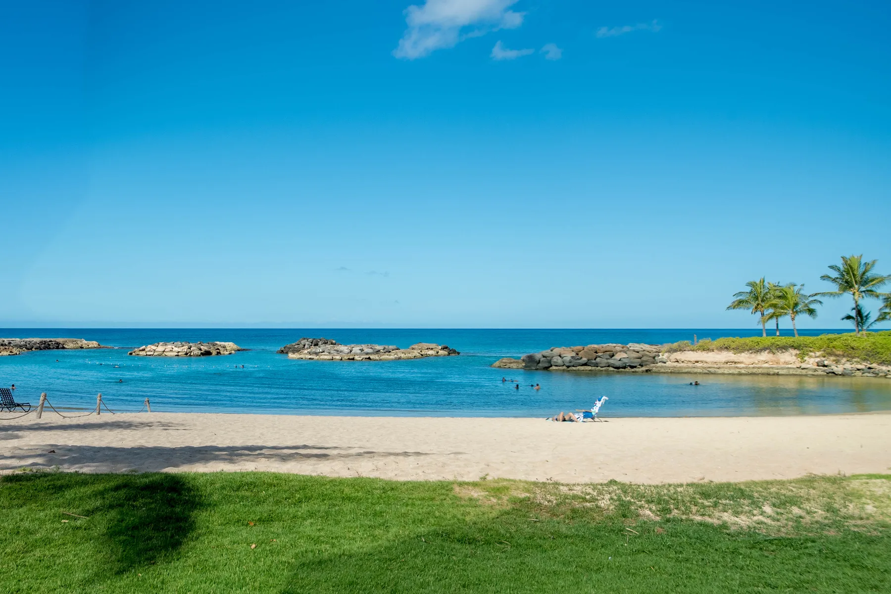 A sandy beach borders calm blue water, with palm trees along the shore.