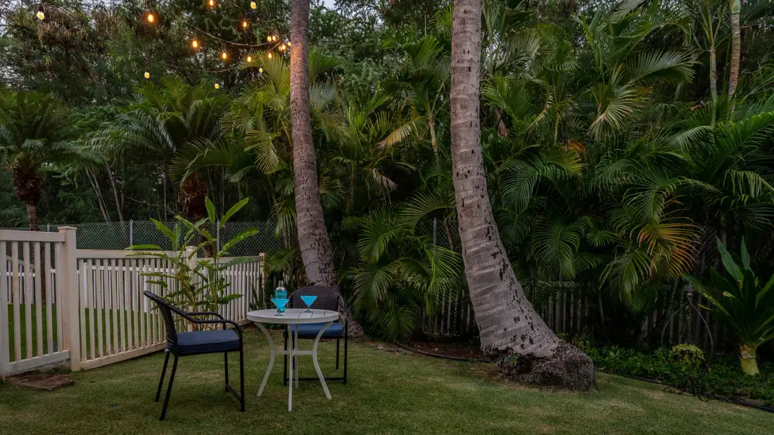 A garden seating area with a small table sits among tropical greenery and string lights.
