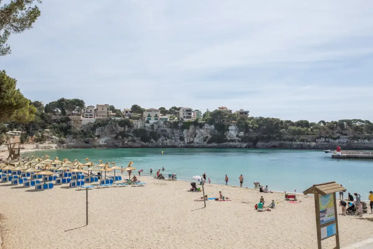 A sandy beach with rows of loungers beside a calm bay.