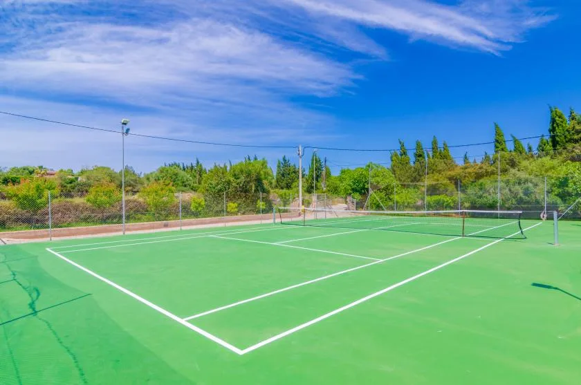 An outdoor tennis court with green playing surface and surrounding trees.