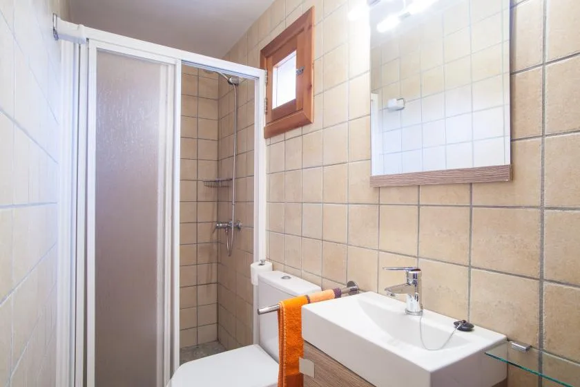 A tiled bathroom with a shower, sink, and mirror.