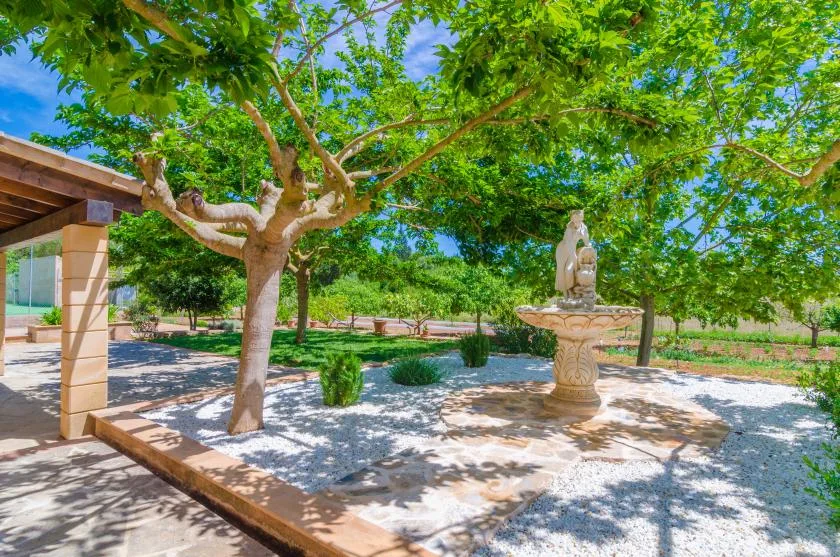 A shaded garden courtyard with leafy trees and a stone fountain.