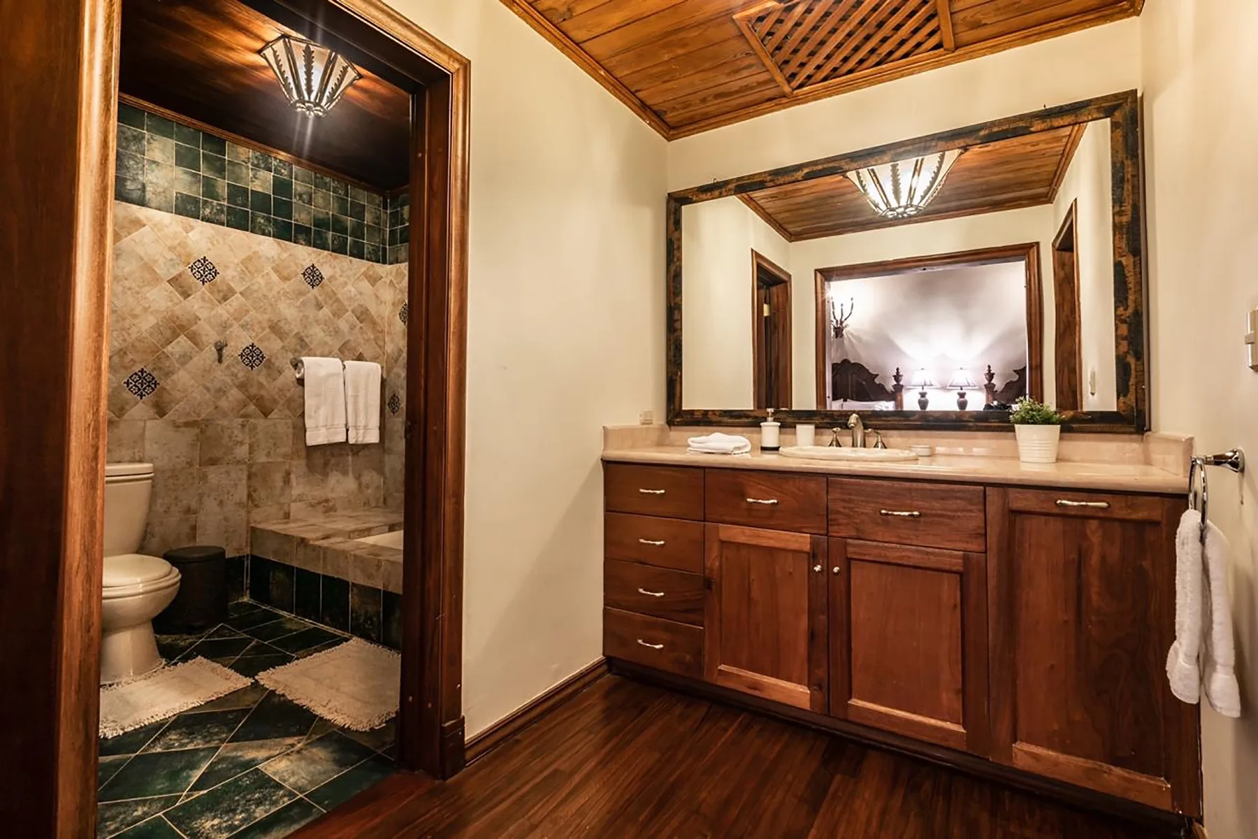 A bathroom vanity with a large mirror and an adjoining shower area.